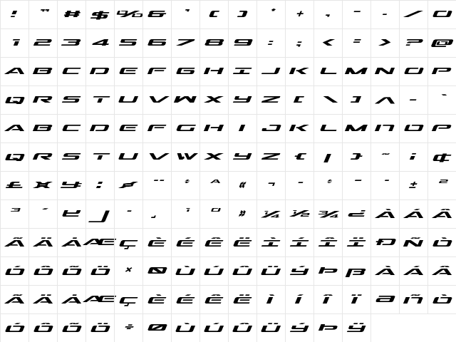 Outrider Expanded Italic Expanded Italic  glyph index