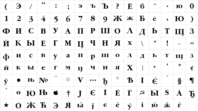 GaramondFLFCyrillic-Bold Regular  glyph index