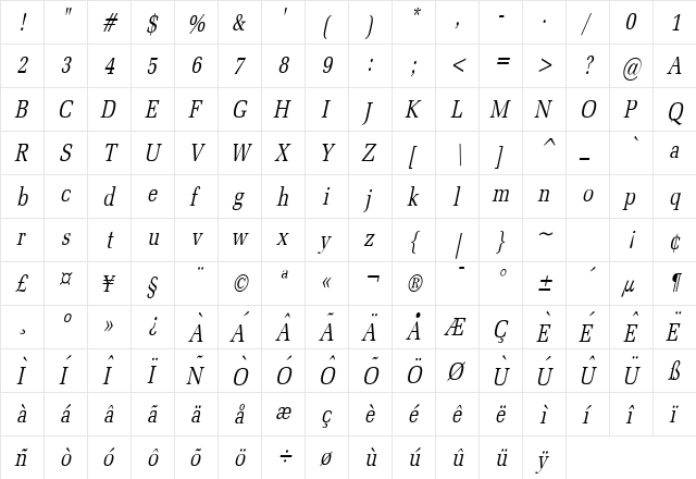 Bid Roman Thin Italic  glyph index