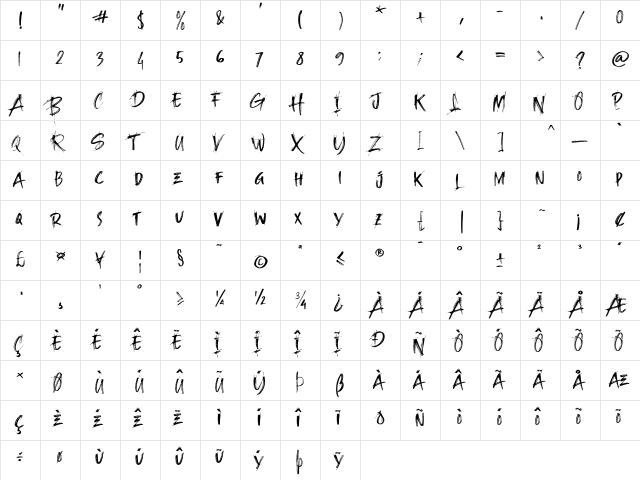 Whiplash Regular  glyph index