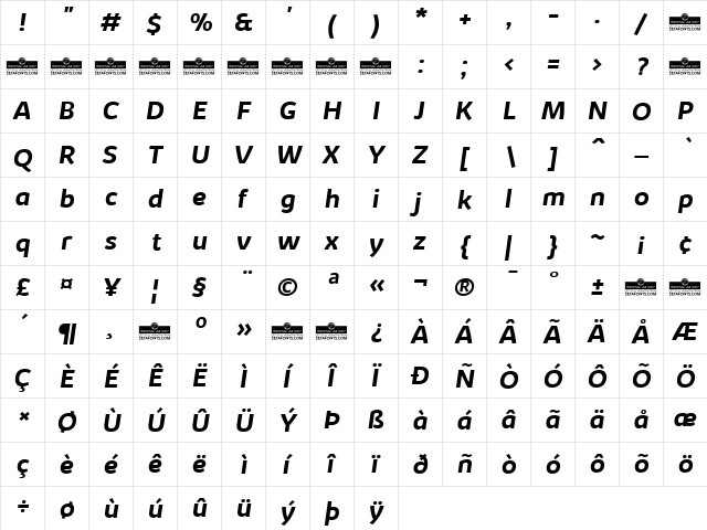 Kabrio Bold Italic  glyph index