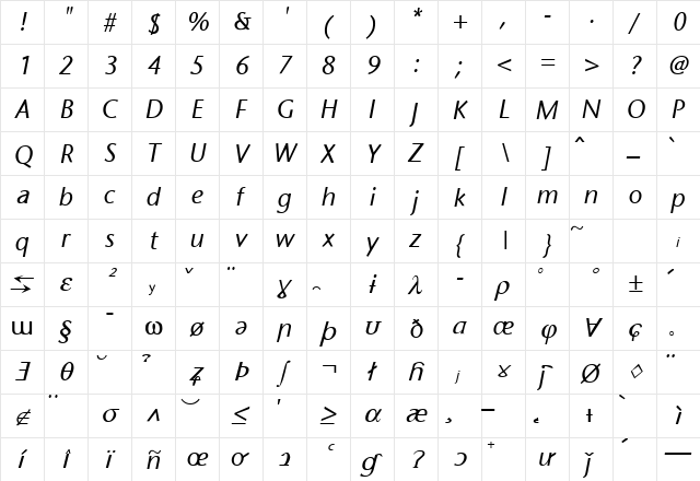 SapirSansItal Regular  glyph index