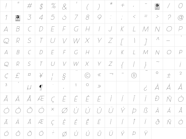 Pages Grotesque Thin Demo Italic  glyph index