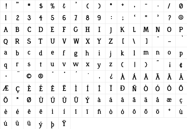 Desmond Bold  glyph index
