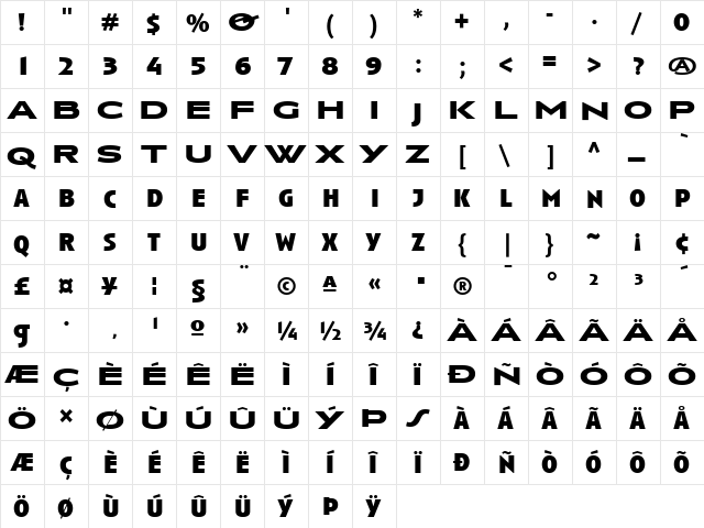 Anisette Bold Regular  glyph index