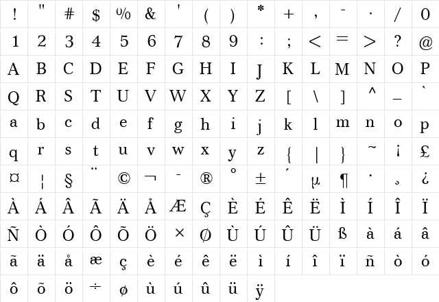 Cremona BQ Regular  glyph index