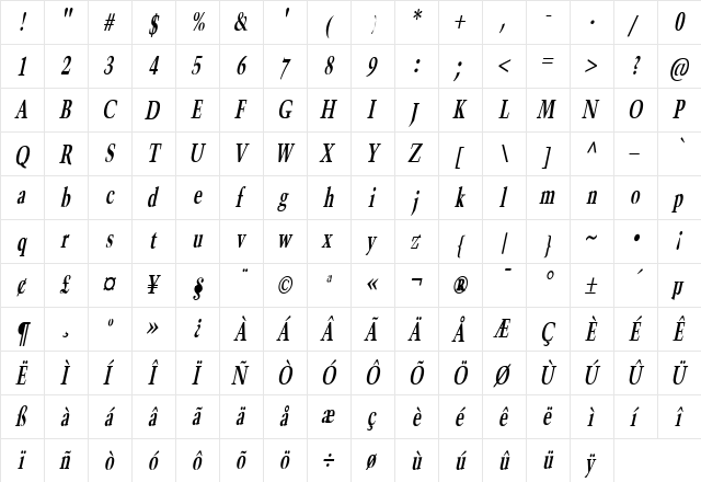 Horn Thin Bold Italic  glyph index