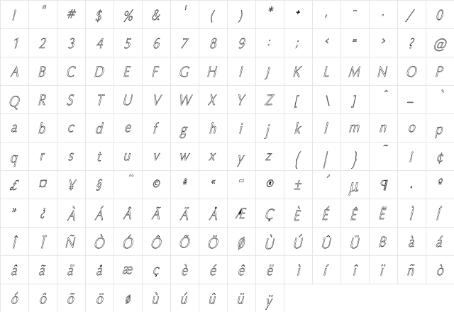 Oxford Hollow Thin Italic Italic  glyph index