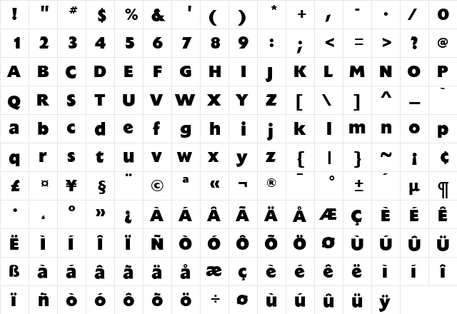 ExtensionExtraBold Roman  glyph index