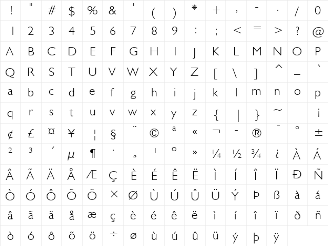 Humanst521 Lt BT Light  glyph index