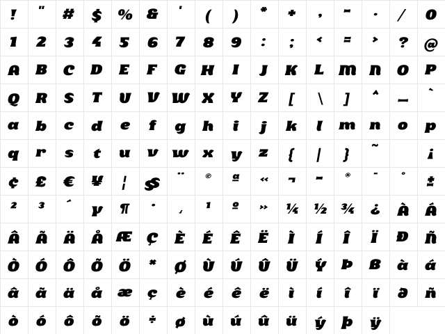 BolerWide Italic Regular  glyph index