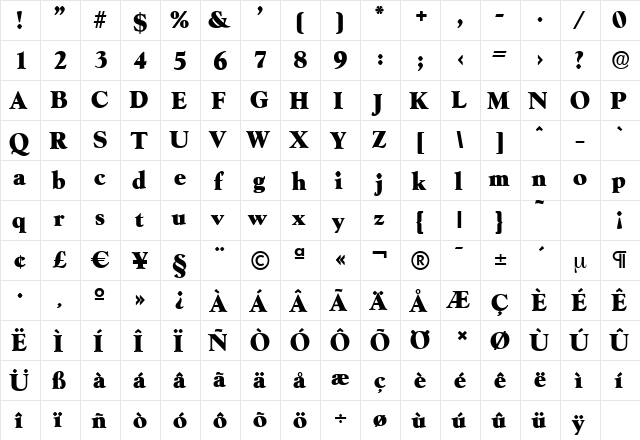 GoudySerial-Heavy Regular  glyph index