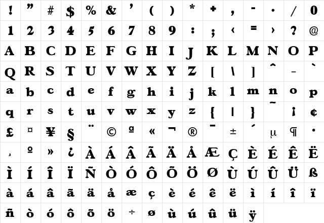 Gascogne-ExtraBold Regular  glyph index