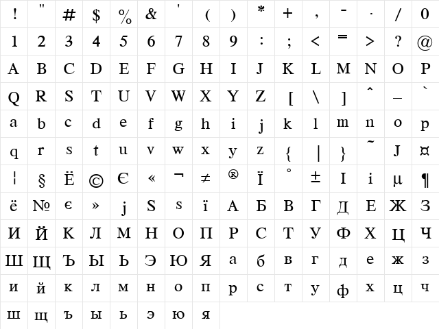 Dutch Regular  glyph index