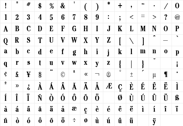 Cheltenham Condensed Bold  glyph index