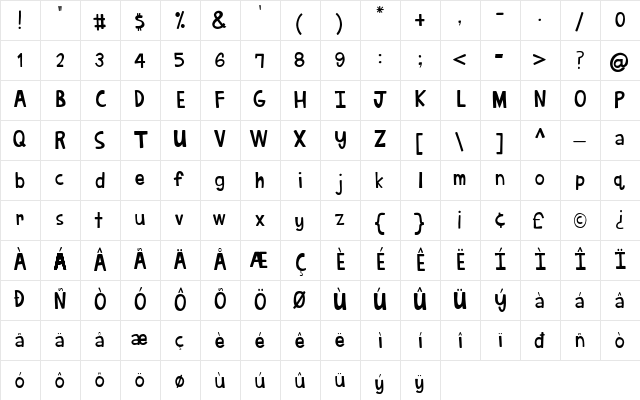 Oscar Bravo Regular  glyph index