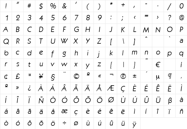 Koblenz-LightIta Regular  glyph index