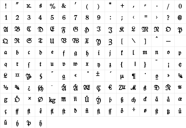 Leipzig Fraktur Bold Regular  glyph index