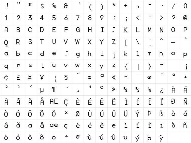 BaseMonoWideThin Regular  glyph index