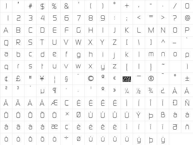 ModaerneLight Regular  glyph index