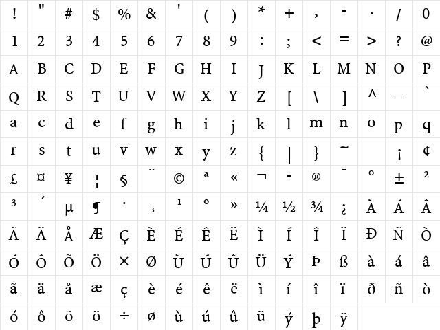 Minion Web Pro Regular  glyph index