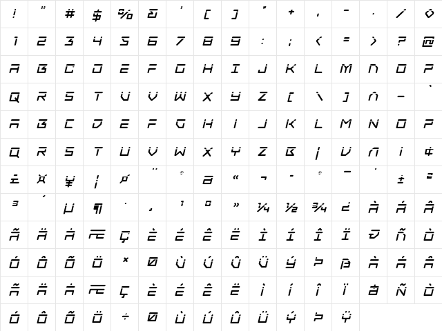 Tempest Apache Laser Italic Italic  glyph index