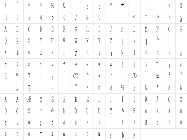Westmore BV Regular  glyph index