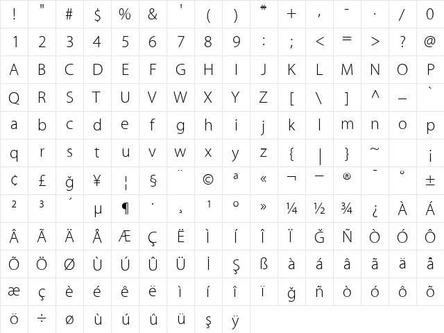 STVMyriad Light  glyph index