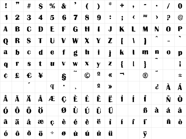 GrenobleRandom-Xbold Regular  glyph index