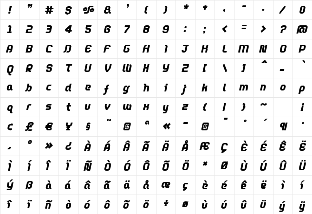 DieppeBold Oblique Regular  glyph index