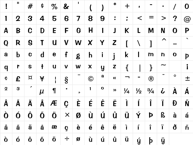 Brimfield Regular  glyph index