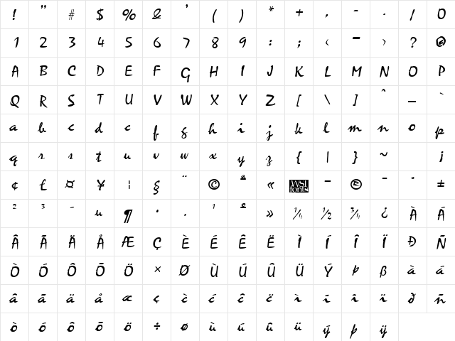 Minstrella Regular  glyph index