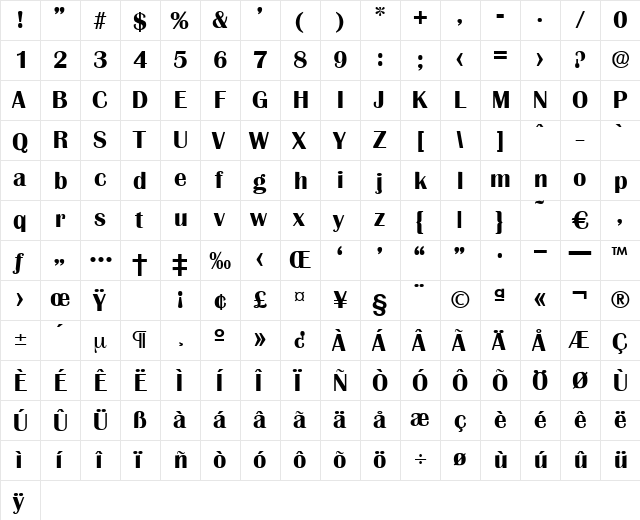 Grenoble-Bold Regular  glyph index