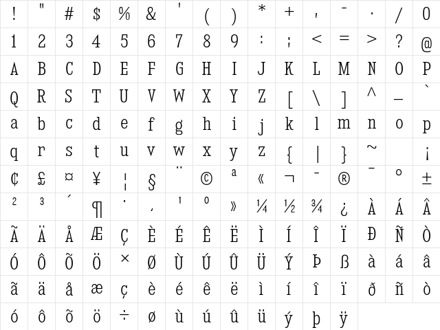 Kingsbridge Condensed Light  glyph index