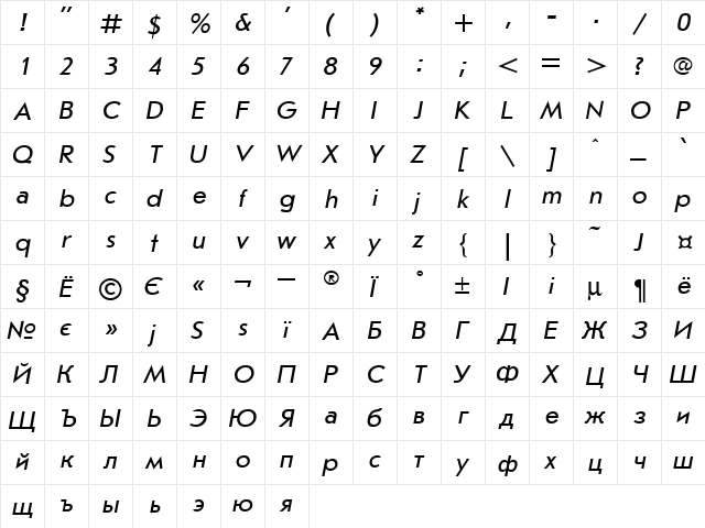 Journal Rub Italic  glyph index