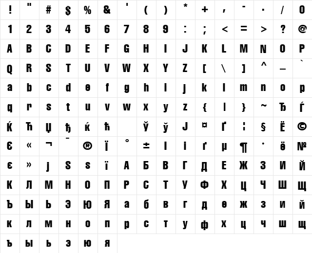 AGLettericaCompressed Roman  glyph index