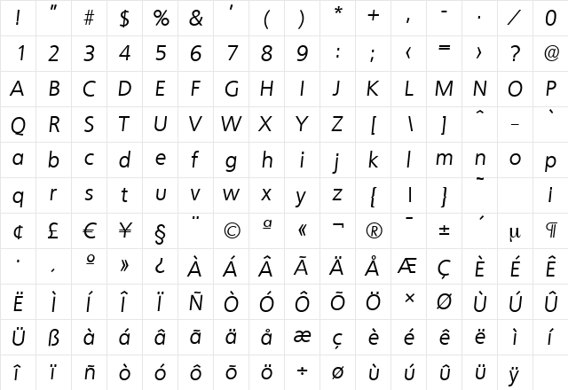 QuebecSerial Italic  glyph index
