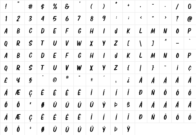 Elbrush Regular  glyph index