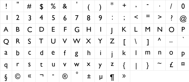 Gals Regular  glyph index