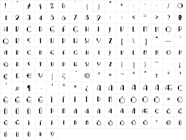 RitzyNormal Regular  glyph index