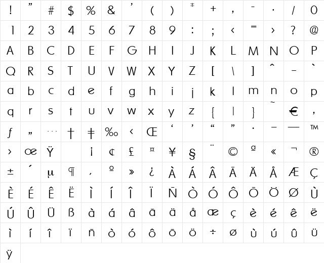 Ornitons-Xlight Regular  glyph index