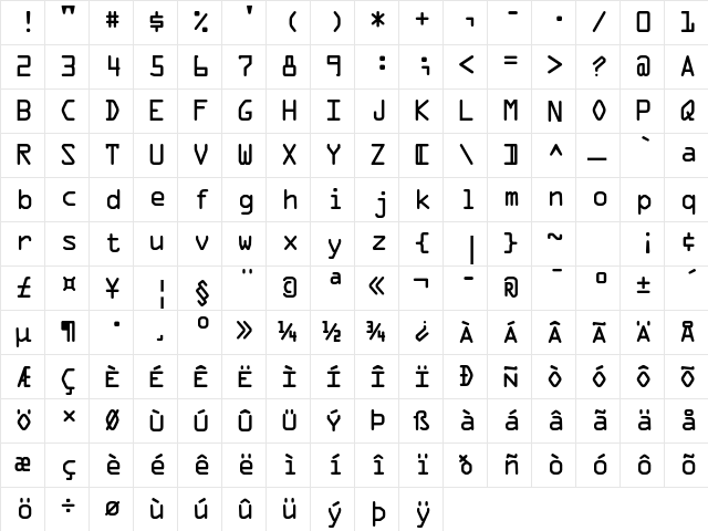 OCR A Std Regular  glyph index