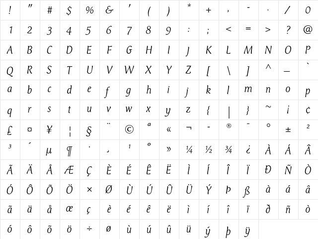 CT Mercurius Light Italic  glyph index