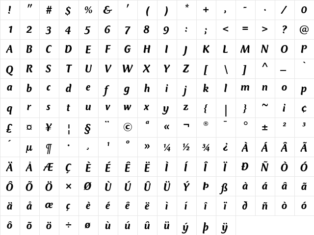 Club Type Mercurius Medium Italic  glyph index