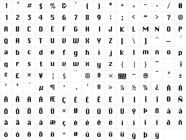 Chicane Regular  glyph index