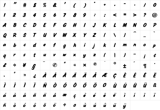 AsdaScript Bold  glyph index