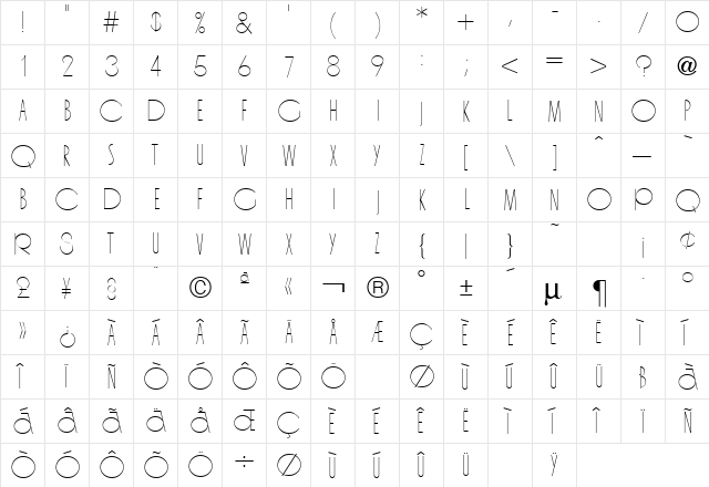 Organda Light Regular  glyph index