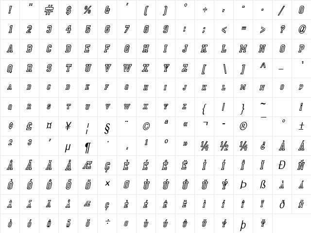 Princeton-Condensed Italic  glyph index
