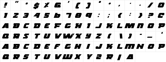 Rogue Hero Expanded Italic Expanded Italic  glyph index