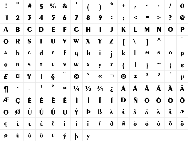 Penguin Bold  glyph index